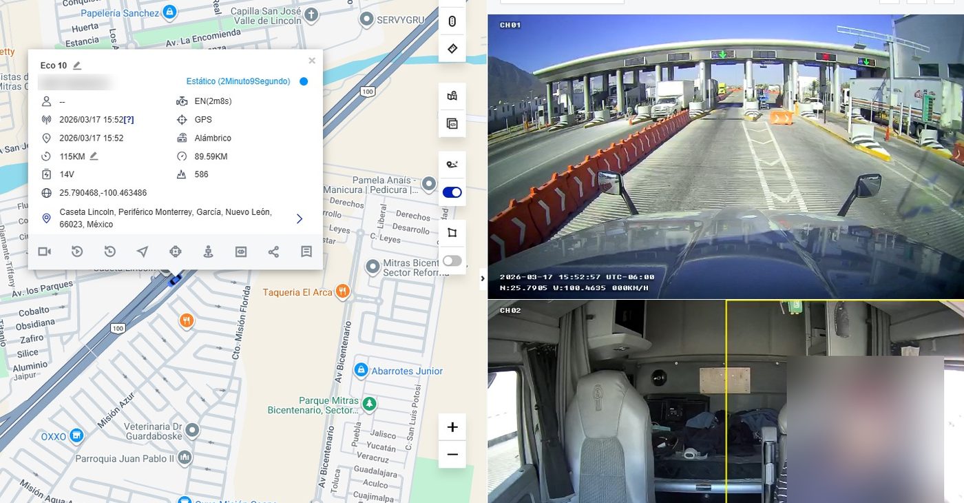 Plataforma web con mapa, datos de la unidad y dos canales de video